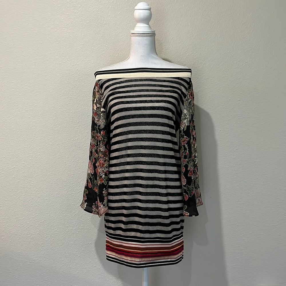 Save the Queen! Striped Off-Shoulder Dress with Floral Print Sleeves